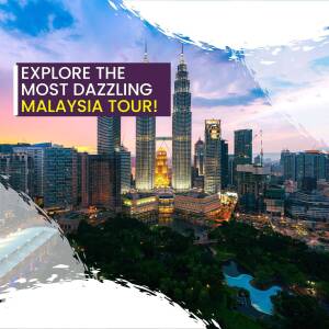 Petronas Twin Towers in Kuala Lumpur, Malaysia with a promotional text overlay.