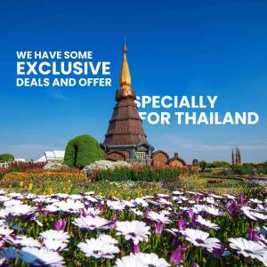 Scenic view of a temple in Thailand with floral foreground and promotional text.