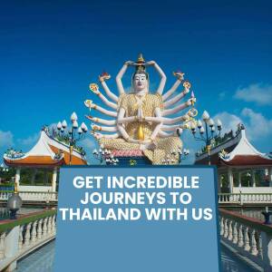 Large white Buddha statue in Phuket, Thailand with a blue sky and promotional text.