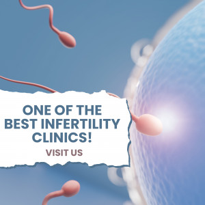 Illustration of sperm approaching an egg with text promoting an infertility clinic.