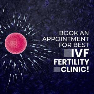 Image depicting sperm cells surrounding an egg with text promoting IVF fertility clinic appointments.
