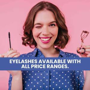 Woman winking and holding eyelash tools with text overlay 'EYELASHES AVAILABLE WITH ALL PRICE RANGES'.