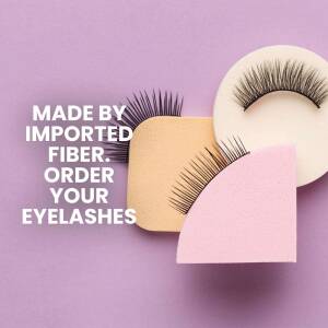 Close-up of false eyelashes with packaging and text 'Made by Imported Fiber. Order Your Eyelashes'