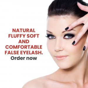 Close-up of a woman with dramatic false eyelashes and text advertising the product.
