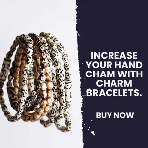 Close-up of stacked charm bracelets with promotional text.