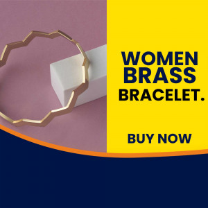 Close-up of a gold brass bracelet with a white box and text 'Women Brass Bracelet. Buy Now'