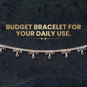 Silver anklet with colorful gemstone charms on a dark textured background