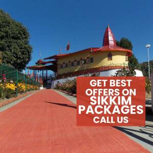 Image of a temple in Sikkim with promotional text for travel packages.