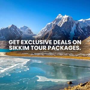 Scenic view of Sikkim mountains and lake with text promoting tour packages