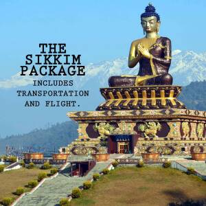 Large golden Buddha statue in Sikkim with snow-capped mountains in the background and text promoting a travel package.