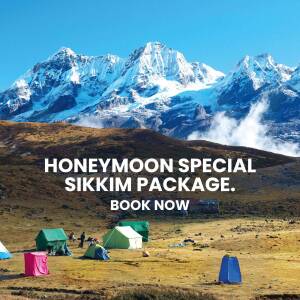 Scenic view of mountains in Sikkim with camping tents and honeymoon package promotion.