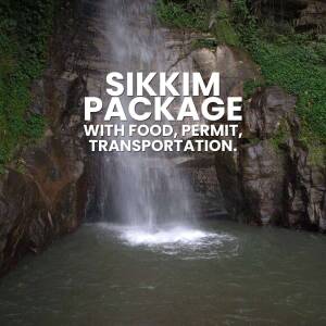 Scenic waterfall in Sikkim with text overlay promoting a travel package.