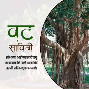 Image depicting a Banyan tree with text in Hindi for Vat Savitri Puja