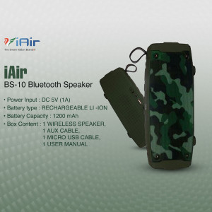 iAir BS-10 Bluetooth Speaker with camouflage pattern and specifications