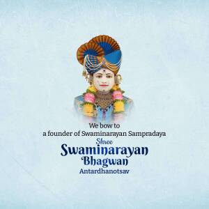 Image of Swaminarayan Bhagwan with text 'We bow to a founder of Swaminarayan Sampradaya Shree Swaminarayan Bhagwan Antardhanotsav'