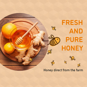 A promotional image featuring honey, oranges, ginger, and bees.