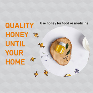 Jar of honey on wood slice with bees and text promoting quality honey