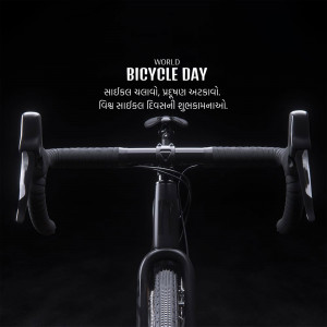 Close-up of bicycle handlebars with World Bicycle Day text