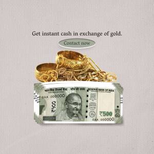 Gold jewelry on top of Indian currency notes, advertising instant cash for gold exchange.