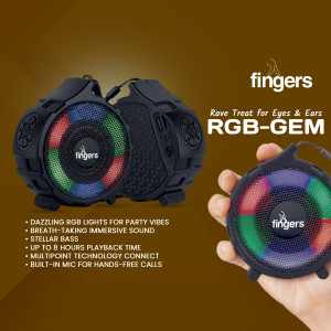 Black Fingers RGB-GEM portable speaker with RGB lights and a hand holding a smaller version.