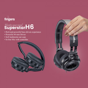 Black Fingers Superstar H6 over-ear headphones with a hand reaching for them.