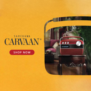 Saregama Carvaan retro music player in a living room setting with a 'Shop Now' button.
