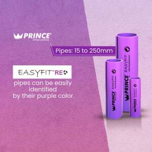 Prince Easyfit RE purple PVC pipes ranging from 15mm to 250mm in diameter.