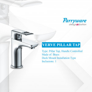 Close-up of a chrome Parryware Verve Pillar Tap installed on a white sink.