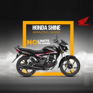 Honda Shine motorcycle in a promotional image with a yellow and black color scheme.