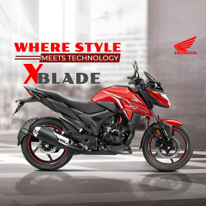 Red Honda XBlade motorcycle parked indoors