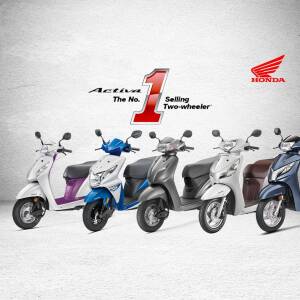 Lineup of Honda Activa scooters in various colors
