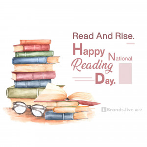 Watercolor stack of books with glasses and the text 'Happy National Reading Day'