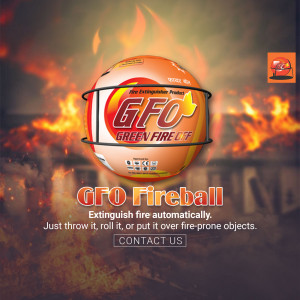 GFO Fireball automatic fire extinguisher product shot with flames in the background