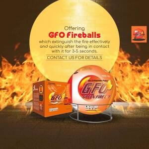GFO Fireballs fire extinguisher product advertisement with flames in the background.