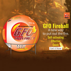 GFO Fireball, a self-activating fire extinguisher, displayed against a blurred fire background.