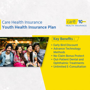 Image promoting Care Health Insurance's Youth Health Insurance Plan featuring a group of young adults.