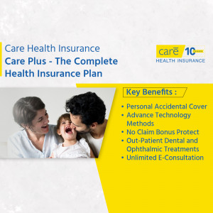 Image promoting Care Health Insurance's Care Plus plan featuring a family.