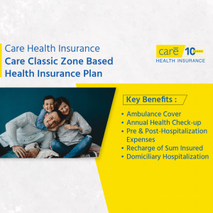 Image promoting Care Health Insurance's Classic Zone Based Health Insurance Plan featuring a family and key benefits.