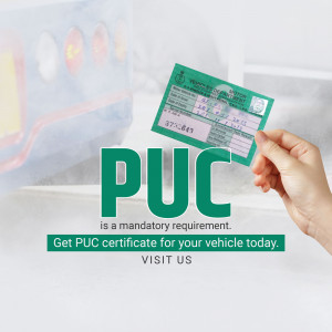 Image of a hand holding a PUC certificate with the text 'PUC is a mandatory requirement'.