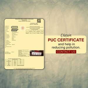 Image of a PUC (Pollution Under Control) certificate with text promoting obtaining one to reduce pollution.