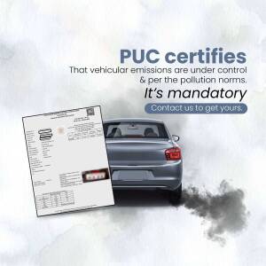 Image depicting a car and a PUC certificate with a reminder about mandatory vehicular emission control.