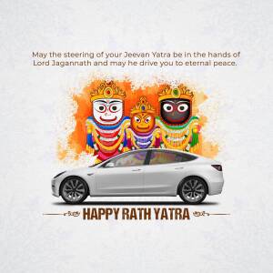 Rath Yatra celebration with a Tesla car and depictions of Lord Jagannath