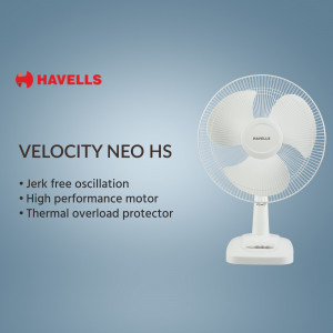Havells Velocity Neo HS table fan with white blades and base