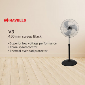 Havells V3 450mm Black Fan on a wooden floor
