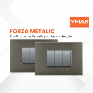 Two Forza Metallic switch plates against a white background with Vihan logo.