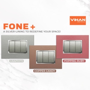 Image showcasing Fone+ switch plates in Graphite, Copper Candy, and Popping Ruby colors.