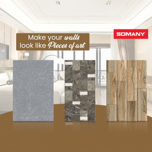Somany tiles displayed as wall art in a modern living room setting