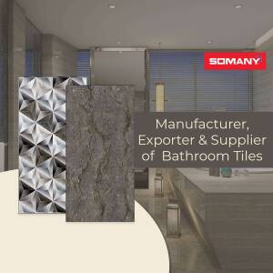 Somany bathroom tiles showcasing various designs and textures in a modern bathroom setting.