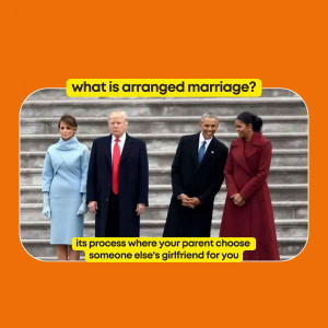 Image depicting Donald Trump, Melania Trump, Barack Obama, and Michelle Obama with text about arranged marriage.
