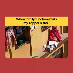 A girl studying on a balcony while a family function is happening inside.